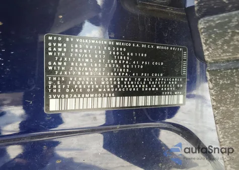 2021 Volkswagen Tiguan S z USA, uszkodzony, nr VIN 3VV0B7AX8MM002386